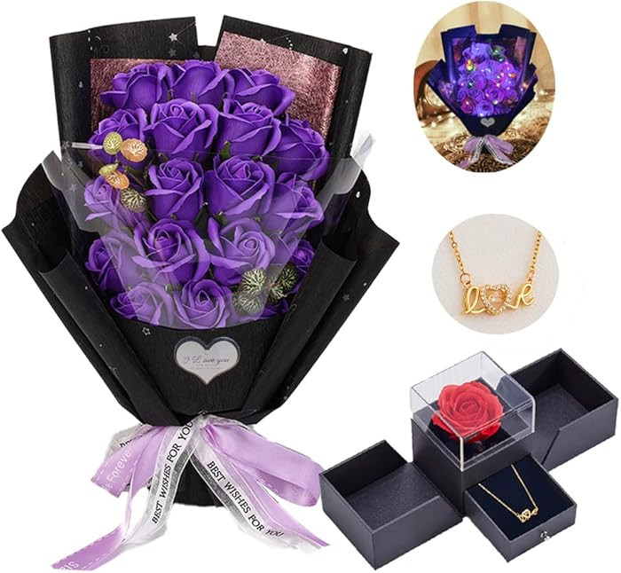 EIGHTOWN Roses Bouquet Artificial Flower - Preserved Purple Rose Flowers with Love Necklace for H... | Amazon (US)