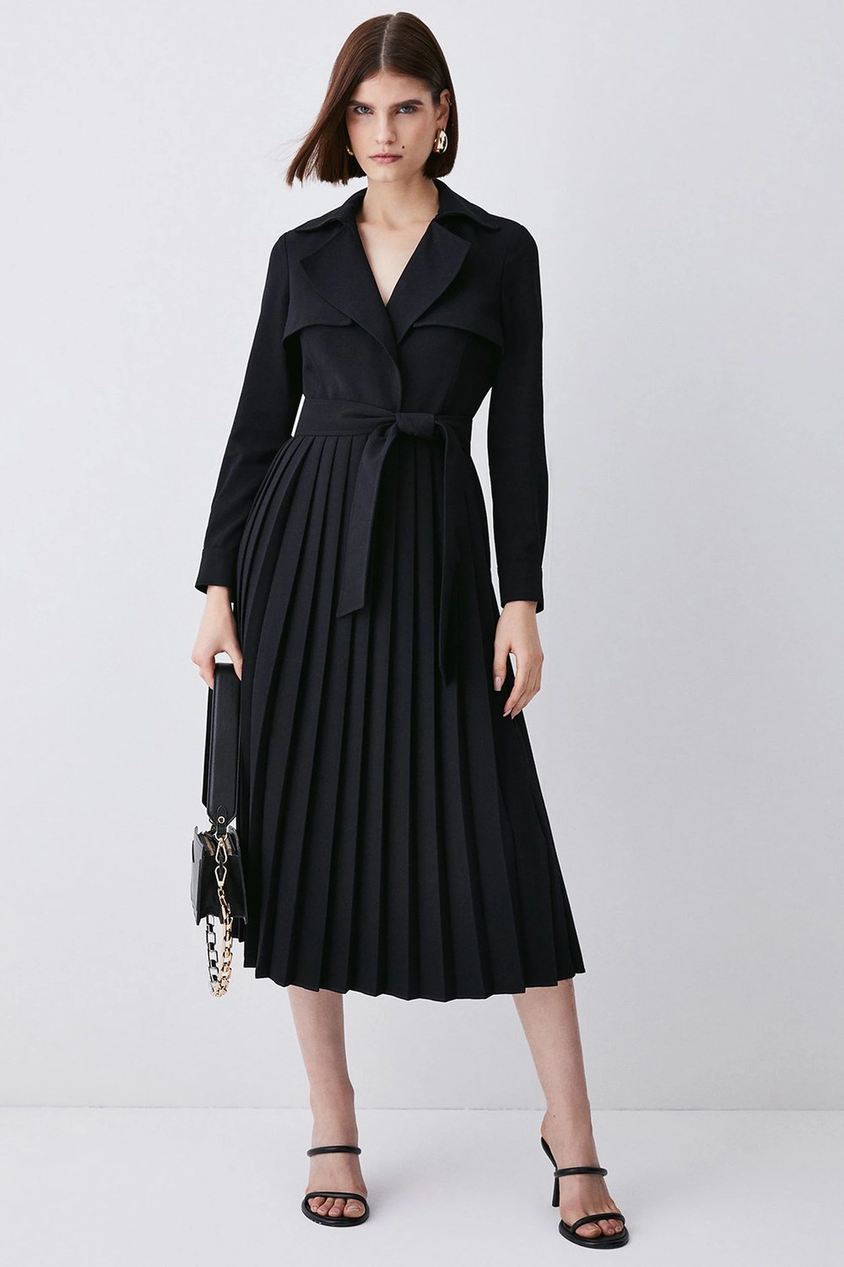 Long Sleeve Woven Pleated Midi Trench Dress | Karen Millen US