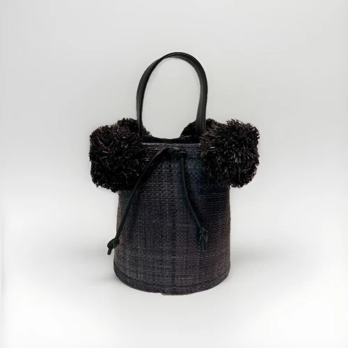 Edun Black Raffia Mini Pom Pom Bucket Bag | eBay US