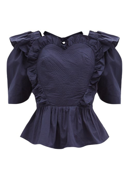 Sea - Heidi Quilted-heart Open-back Cotton Blouse - Womens - Navy | Matches (UK)