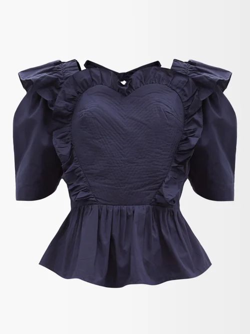 Sea - Heidi Quilted-heart Open-back Cotton Blouse - Womens - Navy | Matches (UK)