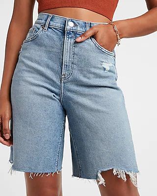 Super High Waisted Ripped Raw Hem Bermuda Jean Shorts | Express