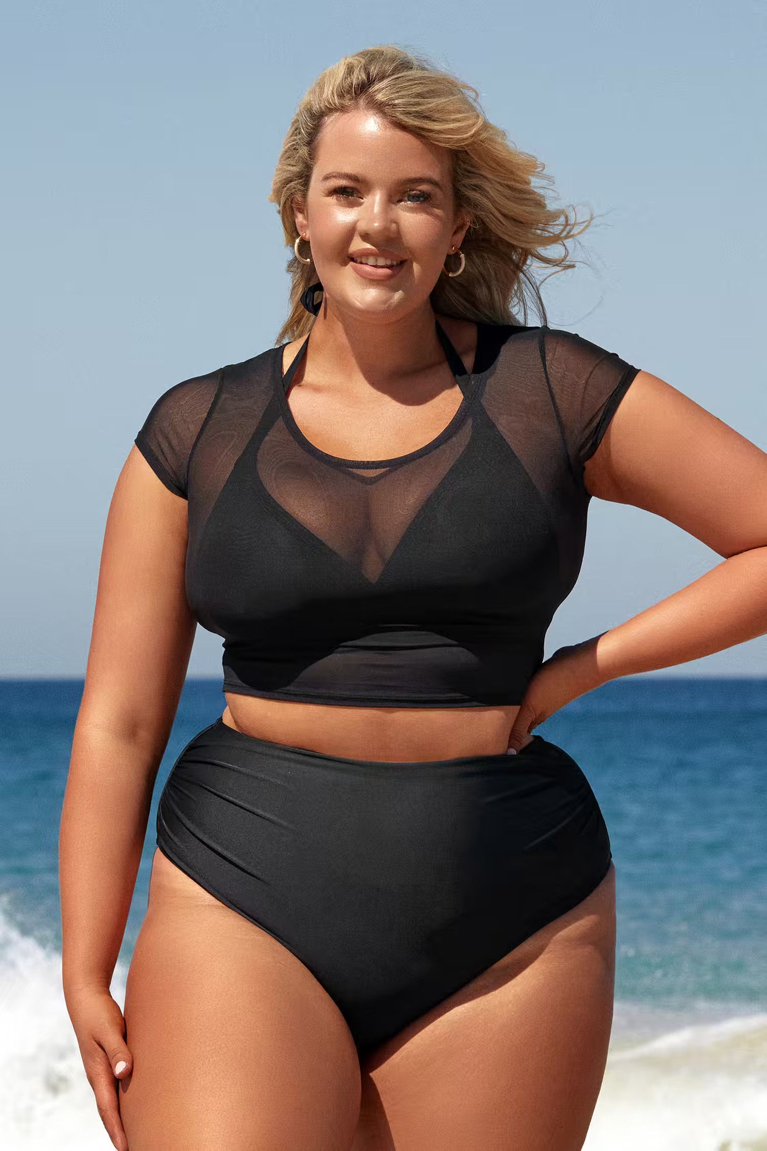 Night Blossom Mesh Top Triangle & High Waist Plus Size Bikini Set | Cupshe US