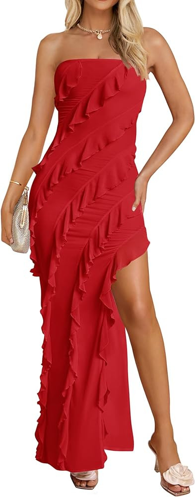 ZESICA Women's 2024 Strapless Bodycon Dress Sexy Off Shoulder Mesh Tassel Ruffle Side Split Tube ... | Amazon (US)