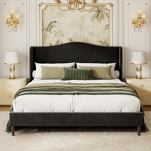 King Size Upholstered Platform Bed Frame, 51" Tall Chenille Fabric Headboard with Classic Curved ... | Amazon (US)