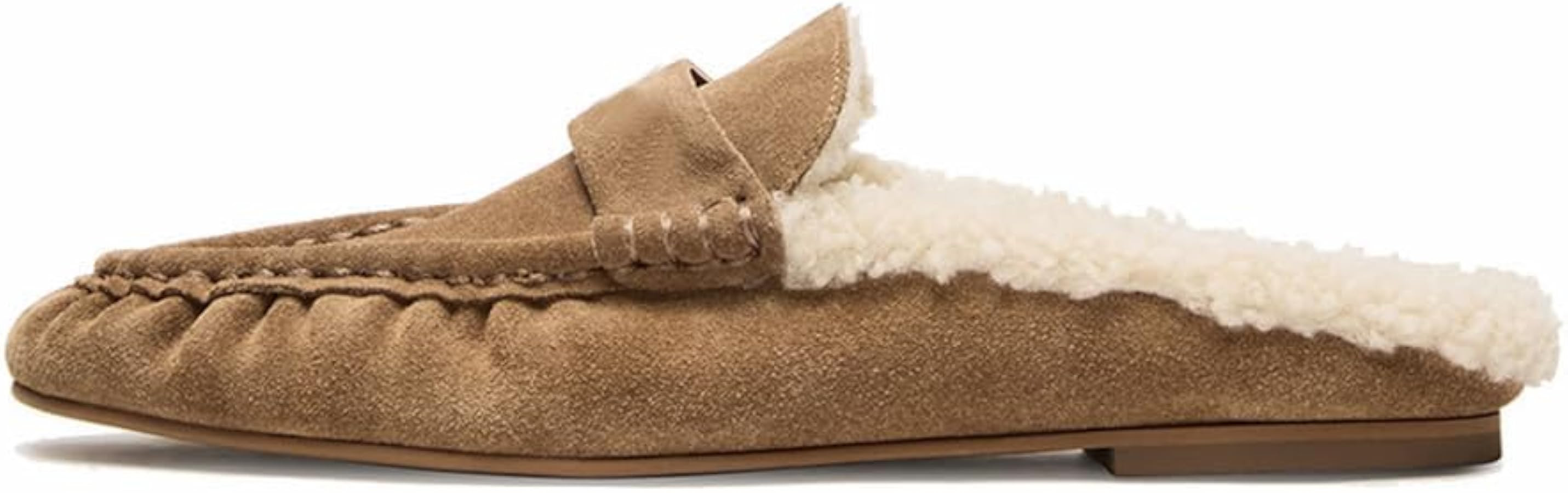 Women's Fur Mules Ruched Suede Loafer Mule Backless Slip\u2011On Moccasin Flats for Casual Busine... | Amazon (US)