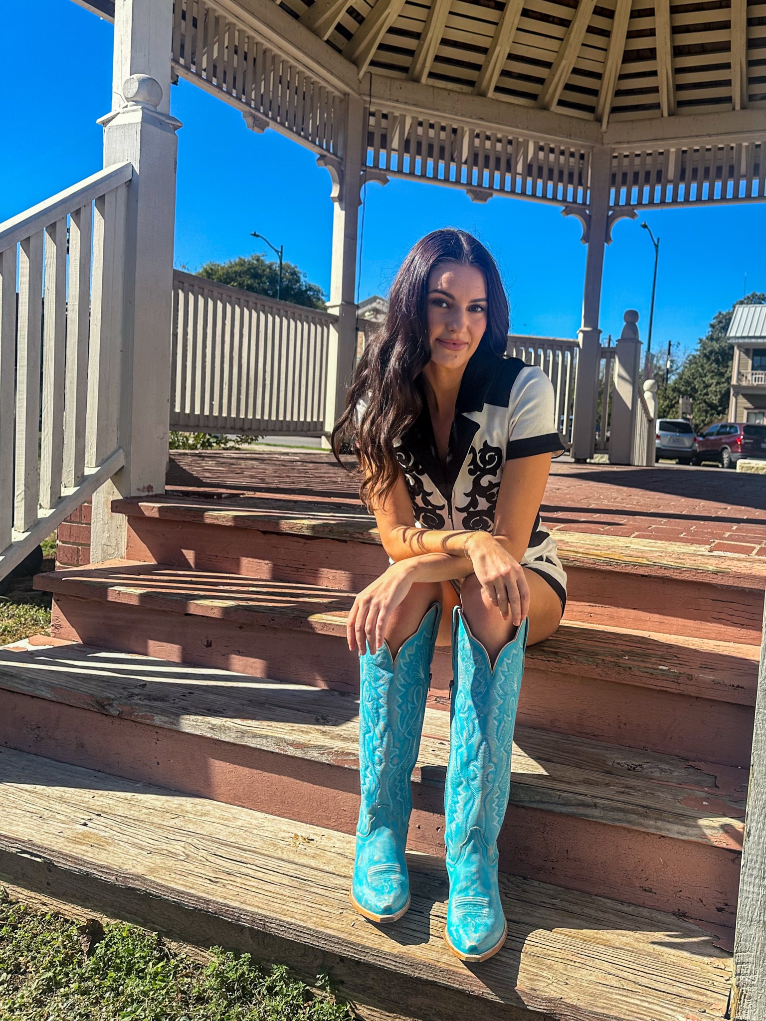 Complete the sentence: 'Life is better with _______ and cowboy boots.'

@danpostbootco #DanPostPartner

Cowboy boots, blue boots, country concert, rodeo outfit, country concert outfit, knee high boots, western outfit, Nashville, Texas, western romper 

#LTKShoeCrush #LTKGiftGuide