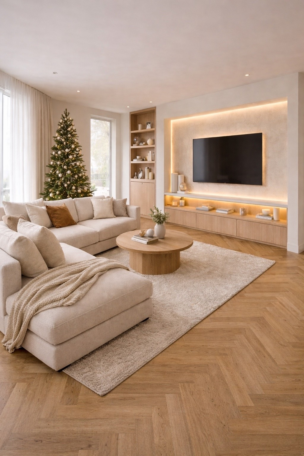 A serene modern living room designed in warm neutral tones with natural wood parquet flooring and a sleek LED TV wall. Soft beige sectional sofa, minimal decor, built-in shelves, and cozy textures create a calm, elegant space perfect for contemporary interiors.
Save this idea for modern living room inspiration, neutral home decor, and minimalist interior styling 🤍

#ModernLivingRoom
#NeutralLivingRoom
#ContemporaryInterior
#WarmMinimalism
#NeutralHomeDecor
#ModernHomeDesign
#LivingRoomInspo
#MinimalistInterior
#LEDTVWall
#LuxuryNeutral
#InteriorDesignIdeas
#HomeInspiration
#LTKHome
#PinterestHome


#LTKGiftGuide #LTKSaleAlert #LTKHome