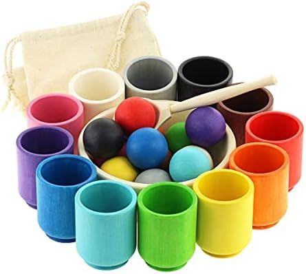 Ulanik Balls in Cups Large Montessori Toy Wooden Sorter Game 12 Balls 35 mm Age 1+ Color Sorting ... | Amazon (US)