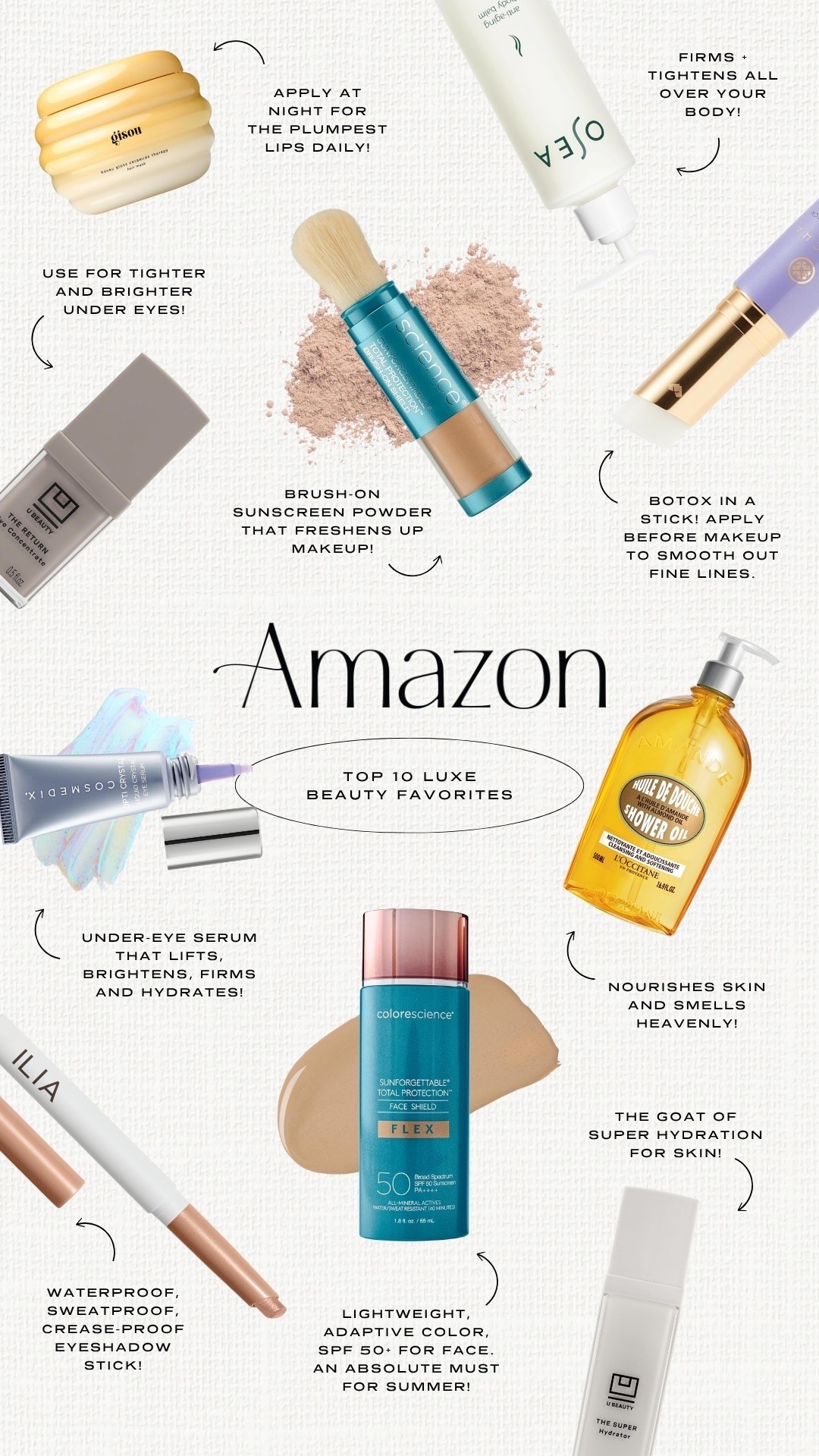 My top 10 luxe beauty favorites from Amazon! Clean beauty, cosmetics, skincare and anti-aging products. Eye cream, serum and sticks. Body oil, wash, lotion, serum and retinol. Collagen lip mask for plump lips. SPF sunscreen face foundation and powder. B*tox in a stick. Eyeshadow sticks.

#LTKselfcare #LTKSaleAlert #LTKBeauty
