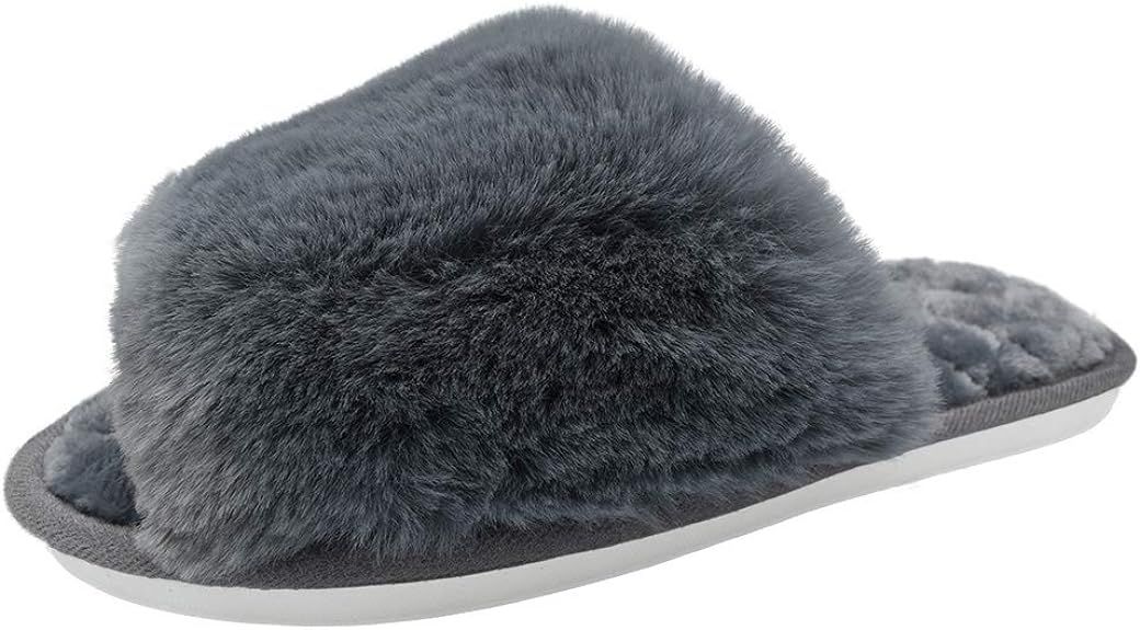 HUMIWA Women's Fuzzy Fur Flat Slippers Soft Open Toe House Slippers Memory Foam Sandals Slides Ho... | Amazon (US)
