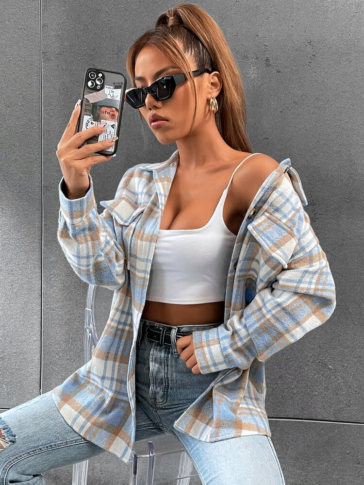 Plaid Flap Pocket Drop Shoulder Overcoat | SHEIN