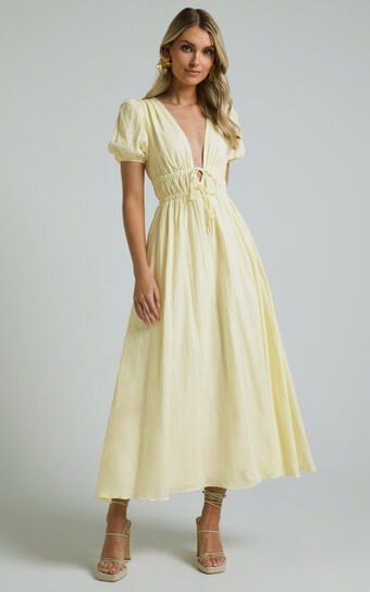 Portofino Midi Dress - V Neck Puff Sleeve Dress in Yellow | Showpo (US, UK & Europe)
