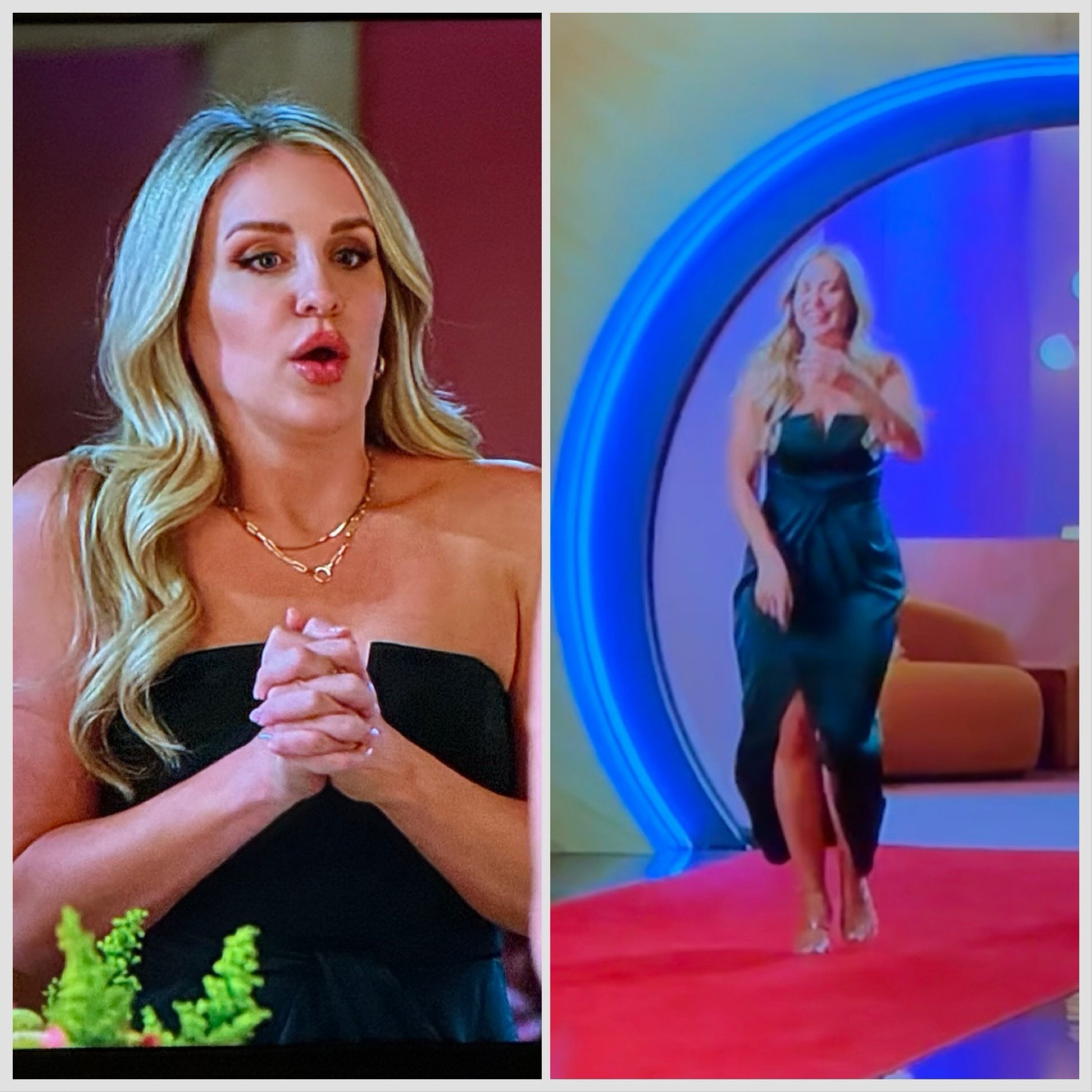 Dark teal reveal dress & jewelry (I wear these necklaces almost every day) #loveisblindS6