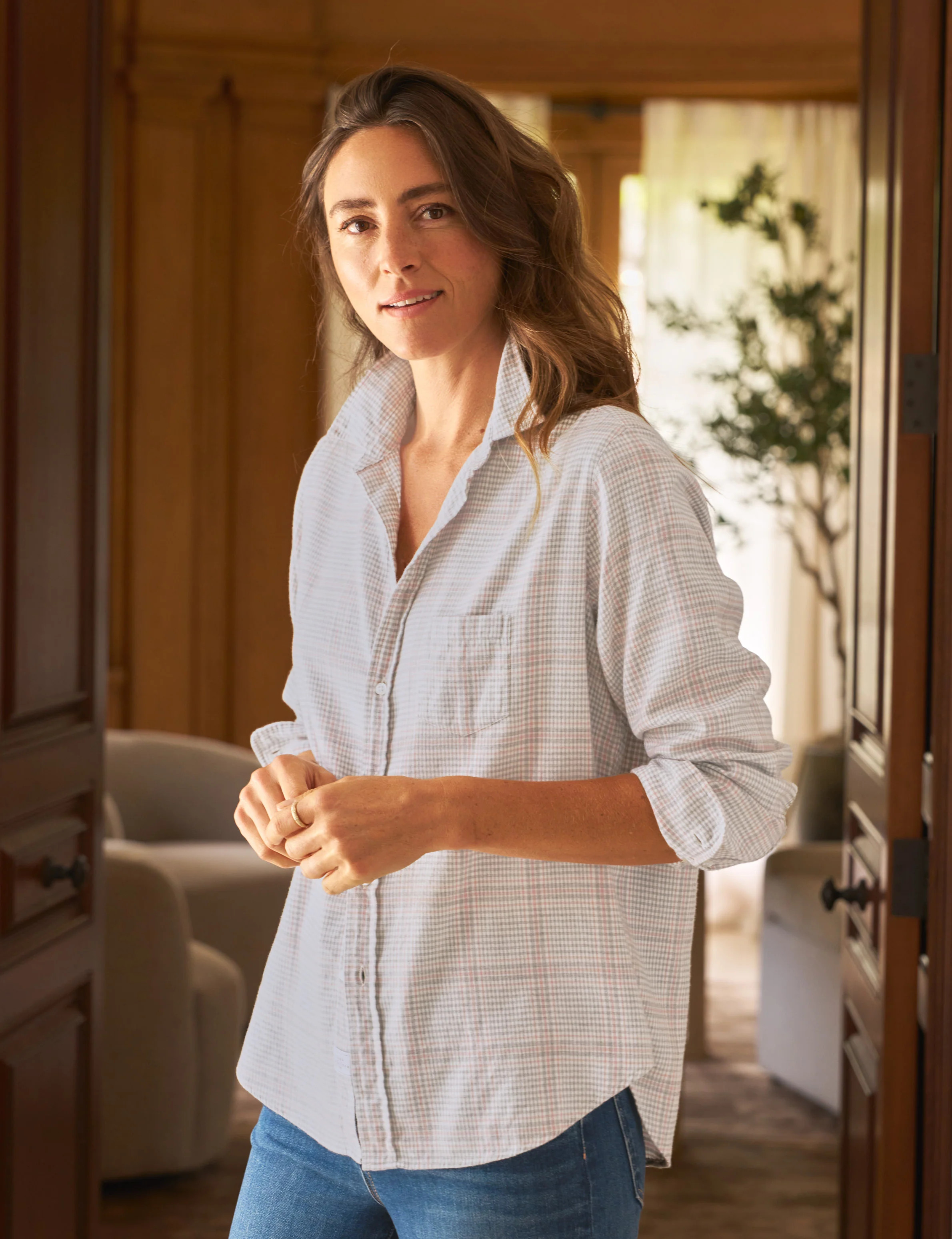 EILEEN Gray and Pink with Cream Plaid, Italian Cashmere Touch | Frank & Eileen