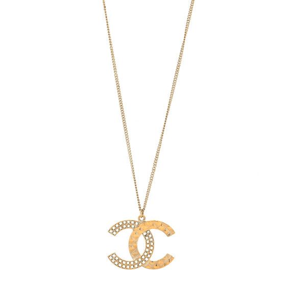 Baguette Crystal Quilted CC Pendant Necklace Gold | FASHIONPHILE (US)