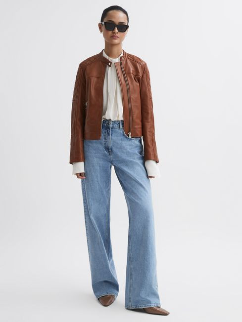 Reiss Tan Adelaide Leather Collarless Quilted Jacket | Reiss UK