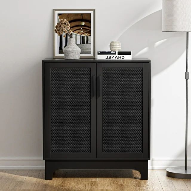 Anmytek  Black Buffets and Sideboards Rattan Accent Storage Cabinet with Adjustable Shelf | Walmart (US)