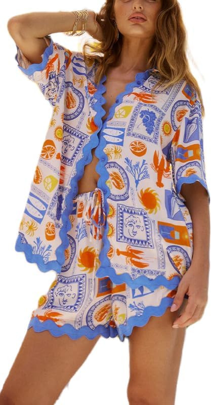NUFIWI Women's Graffiti 2 Piece Pajama Set Short Sleeve Button Down Tops Drawstring Shorts Beach ... | Amazon (US)