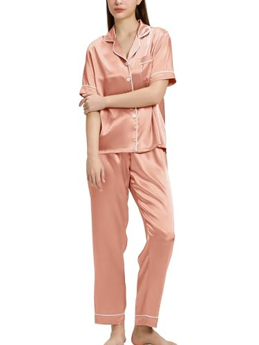 SIORO Silk Satin Pajamas Set Women 2 Piece Nightwear Short Sleeve Sleepwear Soft Button Down Loungewear Pjs Set Rose Pink | Amazon (US)