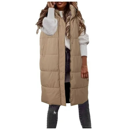 CAIXIA Long Puffer Vest Women Solid Color Sleeveless Hood Winter Puffer Vest Outwear Rich Mom Aesthetic Clothes,Black | Walmart (US)