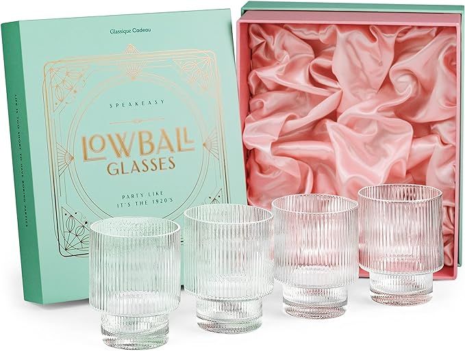 GLASSIQUE CADEAU Vintage Art Deco Lowball Ribbed Cocktail Glasses | Set of 4 | 12 oz Crystal Doub... | Amazon (US)