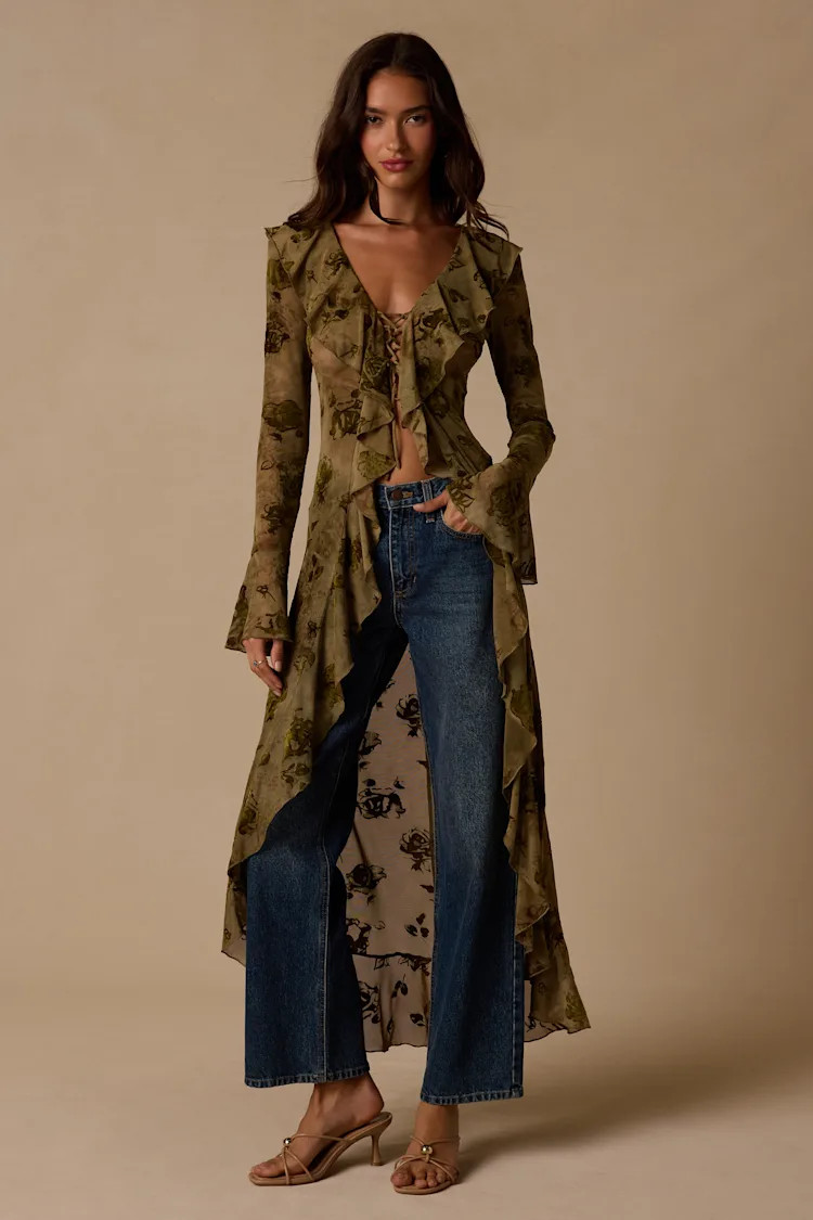 Winifred Olive Sheer Mesh Jacquard Lace-Up Duster Top | Lulus