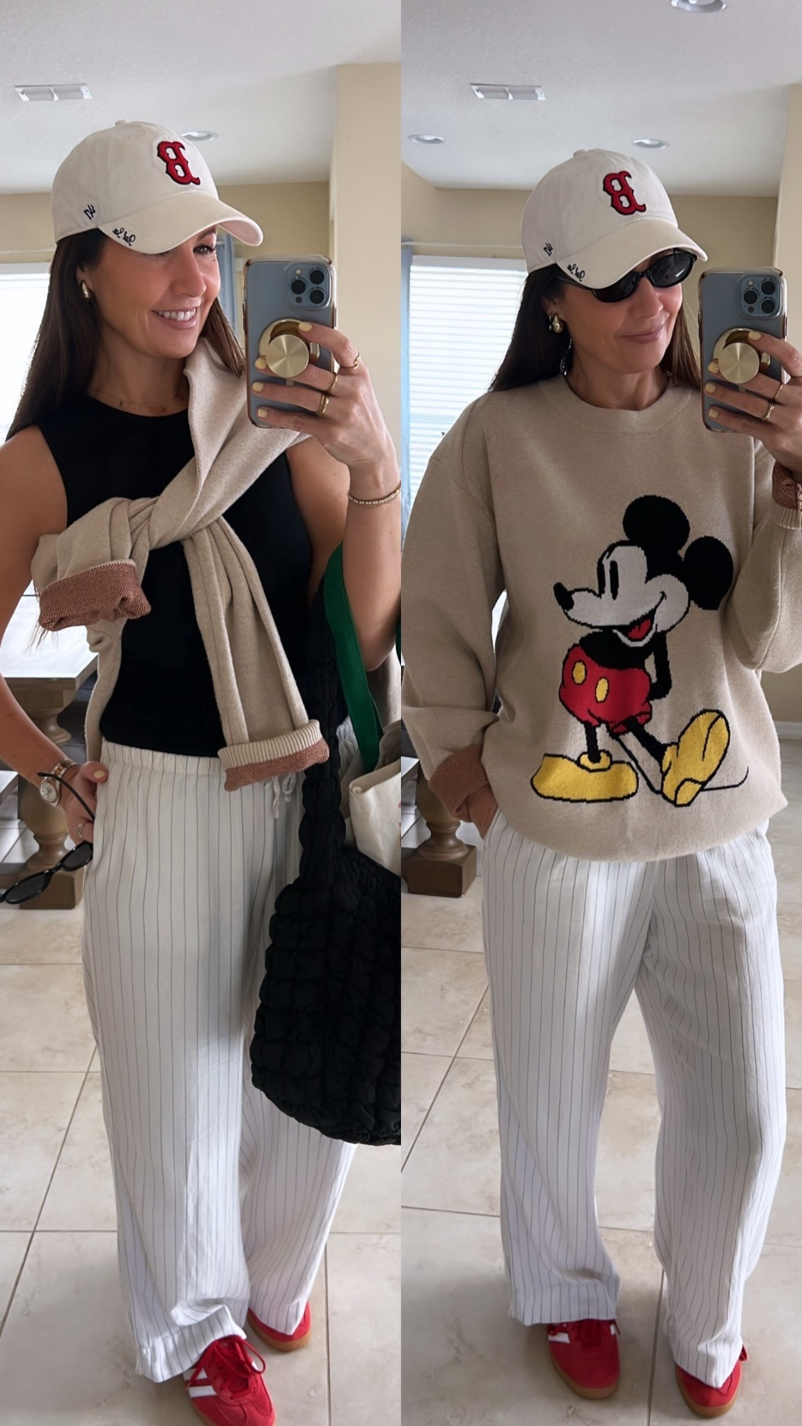 Tan/Mickey Mouse sweater-linen pants, red adidas, white baseball cap

#LTKFindsUnder50 #LTKOver40 #LTKTall