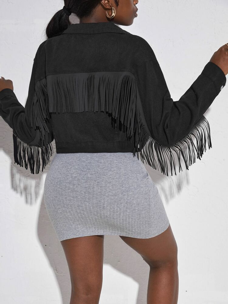 SHEIN SXY Solid Fringe Flap Pocket Denim Jacket | SHEIN