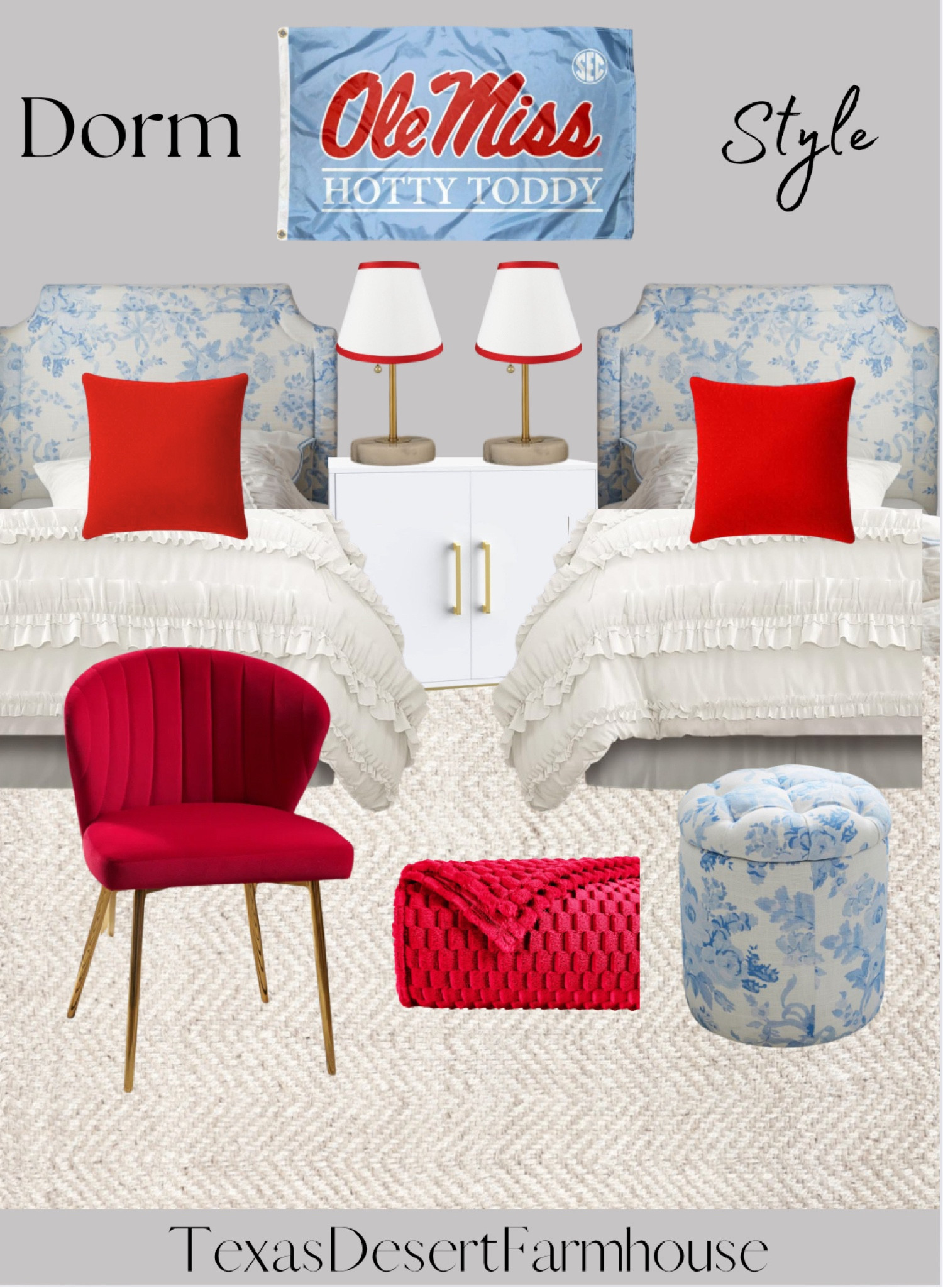 Ole Miss Rebels Dorm Inspiration 

#dorm #dormitory #dormroom #dormheadboard #dorminspiration #bedding #rebels #olemiss #rebelflag #olemissflag #reddeskchair #lamp #bedsidetable #arearug #college #collegedorm #collegeroom #collegeapartment

LoveShackFancy Auburn Wall Headboard

LoveShackFancy Tufted Round Storage Ottoman

Lush Decor Belle 3 Piece Ruffled Vintage Chic White Comforter Set with Bed Skirt and Pillow Sham, Twin XL

JOZZBY Buffet Sideboard Cabinet with Storage, Modern Wooden Free Standing Cabinet with Adjustable Shelves, White and Gold Cabinets for Living Room, Kitchen, Hallway

College Flags & Banners Co. Ole Miss Powder Blue Hotty Toddy Flag

EMMA + OLIVER Contemporary Design Red Plastic Stack Chair

Daulton Velvet Side Chair

Oversized Quilted Velvet Square Throw Pillow - Threshold™

Urbanest Coolie Hardback Lampshade, Faux Silk, 5-inch by 9-inch by 7-inch, Off White with Red Trim, Spider Washer Fitter

Small Table Lamp, Bedroom Lamps Set of 2, 3 Way Dimmable Bedside Lamps with Marble Base & Linen Shade &Pull Chain Nightstand Lamps 18.5 Inches Desk Lamps for Living Room(Bulbs Included)

Decorative Soft Plush Fleece Throw Blanket for Couch Sofa 50" x 60", Luxury Shaggy Lightweight 3D Pattern Velvet Flannel Blanket for Bedroom, Solid Cute Warm Lap Blanket for Winter Pet, Red



#LTKU #LTKBacktoSchool #LTKStyleTip