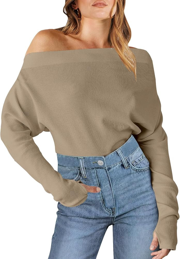ANRABESS Womens Casual Off The Shoulder Long Batwing Sleeve Waffle Knit Shirt Pullover Sweater Tu... | Amazon (US)