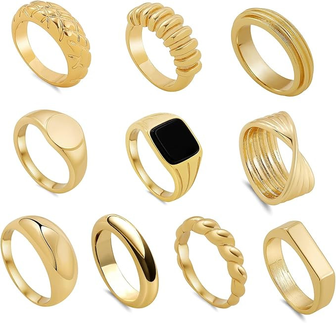 sloong 10pcs Classic Chunky Dome Ring Set 14k Gold Plated Ring Signet Ring Stacking Band Ring Tre... | Amazon (US)