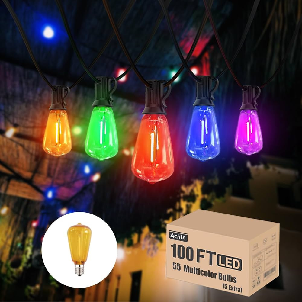 Achin Colored Outdoor String Lights 100Ft LED Multicolor Patio Lights with 55pcs ST38 Colorful Sh... | Amazon (US)