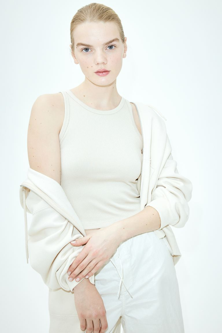Ribbed Tank Top - Round Neck - Sleeveless - Light beige - Ladies | H&M US | H&M (US + CA)