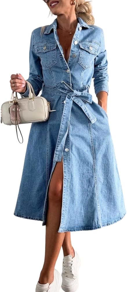 chouyatou Women's 2025 Long Sleeve Belted Denim Shirt Dress A-Line Business Casual Midi Long Deni... | Amazon (US)
