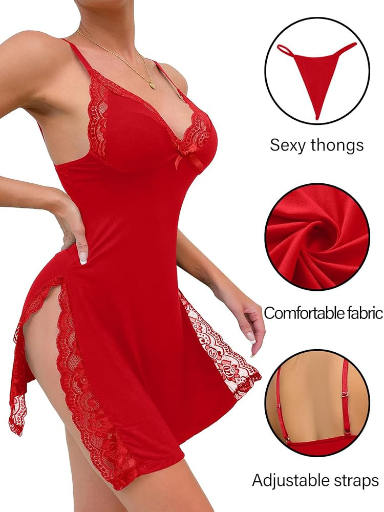 Sexy Split Side Floral Lace Trim Full Slip Night Gown Babydoll Lingerie Dress with Thong 2 piece | Amazon (US)