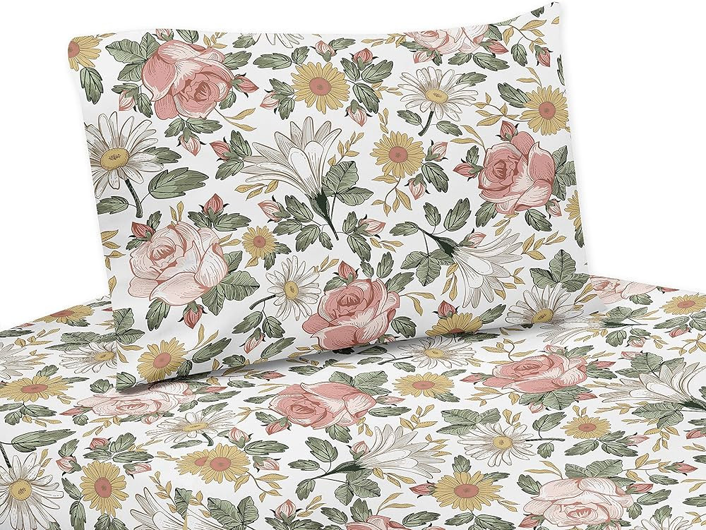 Sweet Jojo Designs Vintage Floral Boho Twin Sheet Set - 3 Piece Set - Blush Pink, Yellow, Green a... | Amazon (US)