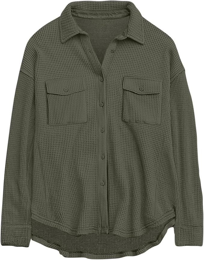 Womens Waffle Knit Button Down Shirt Jacket Fall Casual Loose Fit Lightweight Long Sleeve Lapel O... | Amazon (US)