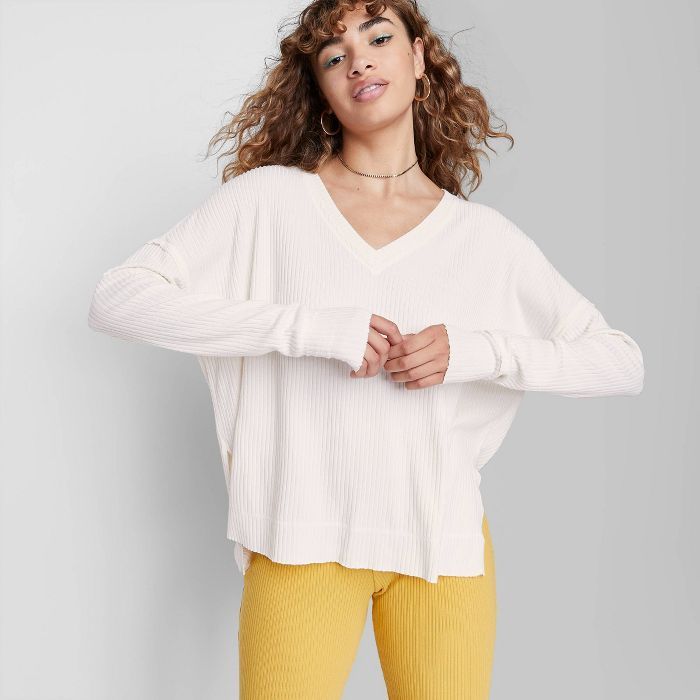 Women&#39;s Long Sleeve V-Neck Cozy Rib T-Shirt - Wild Fable&#8482; Almond M | Target