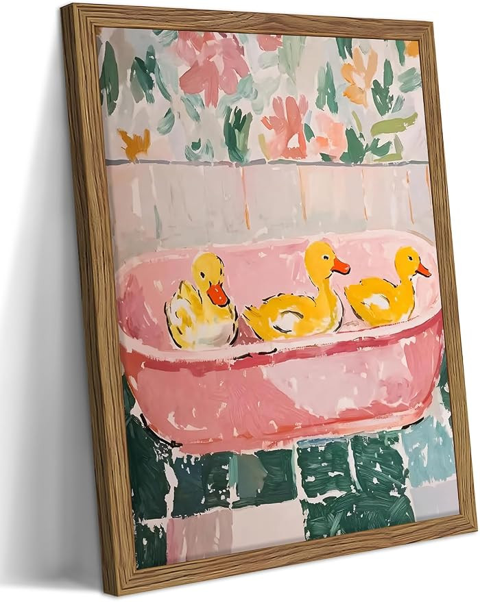 Framed Funny Bathroom Wall Art Decor, Yellow Duck in Pink Bathtub Canvas Wall Decor Painting, Cut... | Amazon (US)