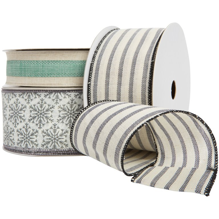 Holiday Time Snowflakes and Stripes Ribbon, 7.25 inch, 3 Pack | Walmart (US)