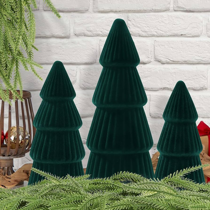 JOICEE Christmas Decorations Indoor, 3 Pcs Velvet Ceramic Christmas Trees Green Modern Cone Table... | Amazon (US)