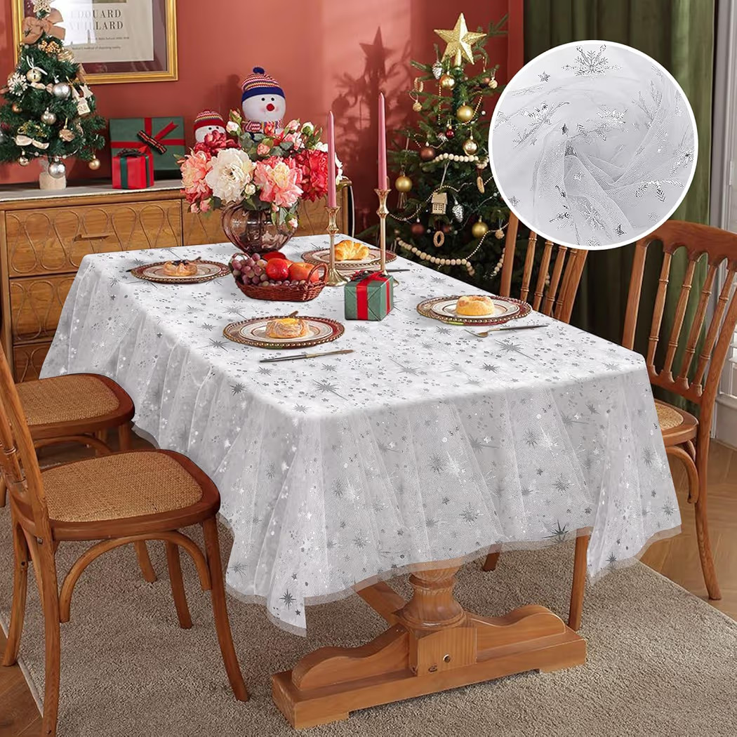 Bonison Christmas Tablecloth 60 x 120 in, Silver Snowflake Sheer Organza Tablecloth, Waterproof W... | Amazon (US)