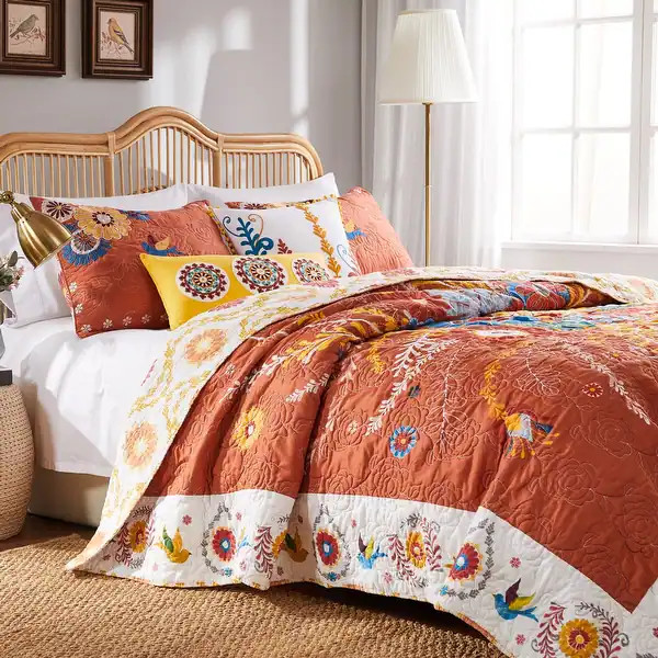 Barefoot Bungalow Topanga Orange Bohemian Floral Quilted Bedspread Set | Bed Bath & Beyond