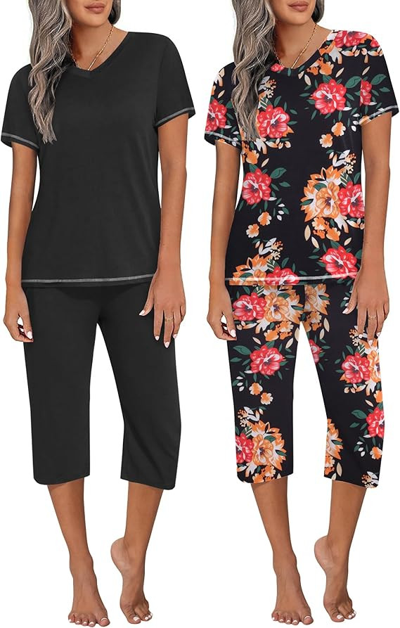 Ekouaer 2 Pack Women's Capri Pajama Sets Short Sleeve Two-Piece Pjs V Neck Tops & Pants Printed L... | Amazon (US)