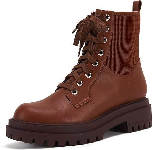 Women's Lug Sole Lace Up Ankle Boots Round Toe Low Chunky Block Heel Winter Combat Booties | Amazon (US)