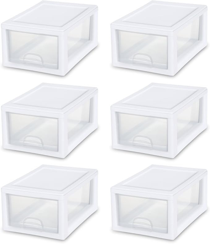 Sterilite 20518006 6 Quart/5.7 Liter Stacking Drawer, White Frame with Clear Drawer, 6-Pack | Amazon (US)