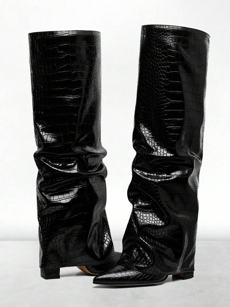 Womens Knee High Boots Slouchy Pointed Toe Shark Boot Elegant Block Heel Wide Calf Boots Shopping... | SHEIN