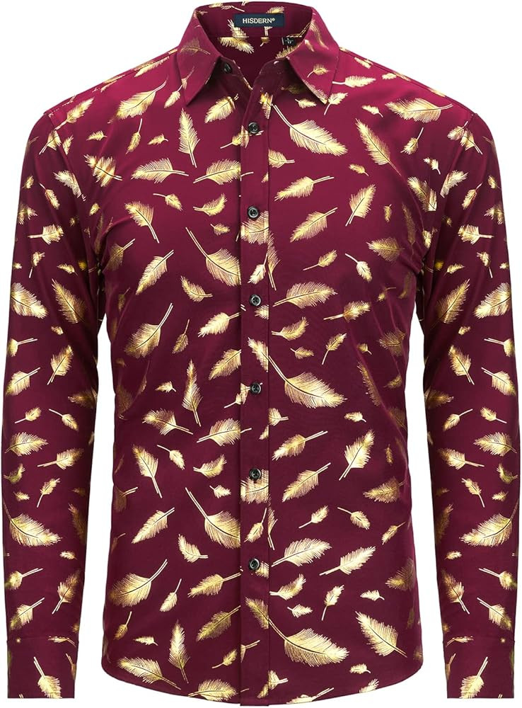 HISDERN Mens Shiny Gold Rose Printed Dress Shirts Luxury Disco Nightclub Long Sleeve Button Down ... | Amazon (US)