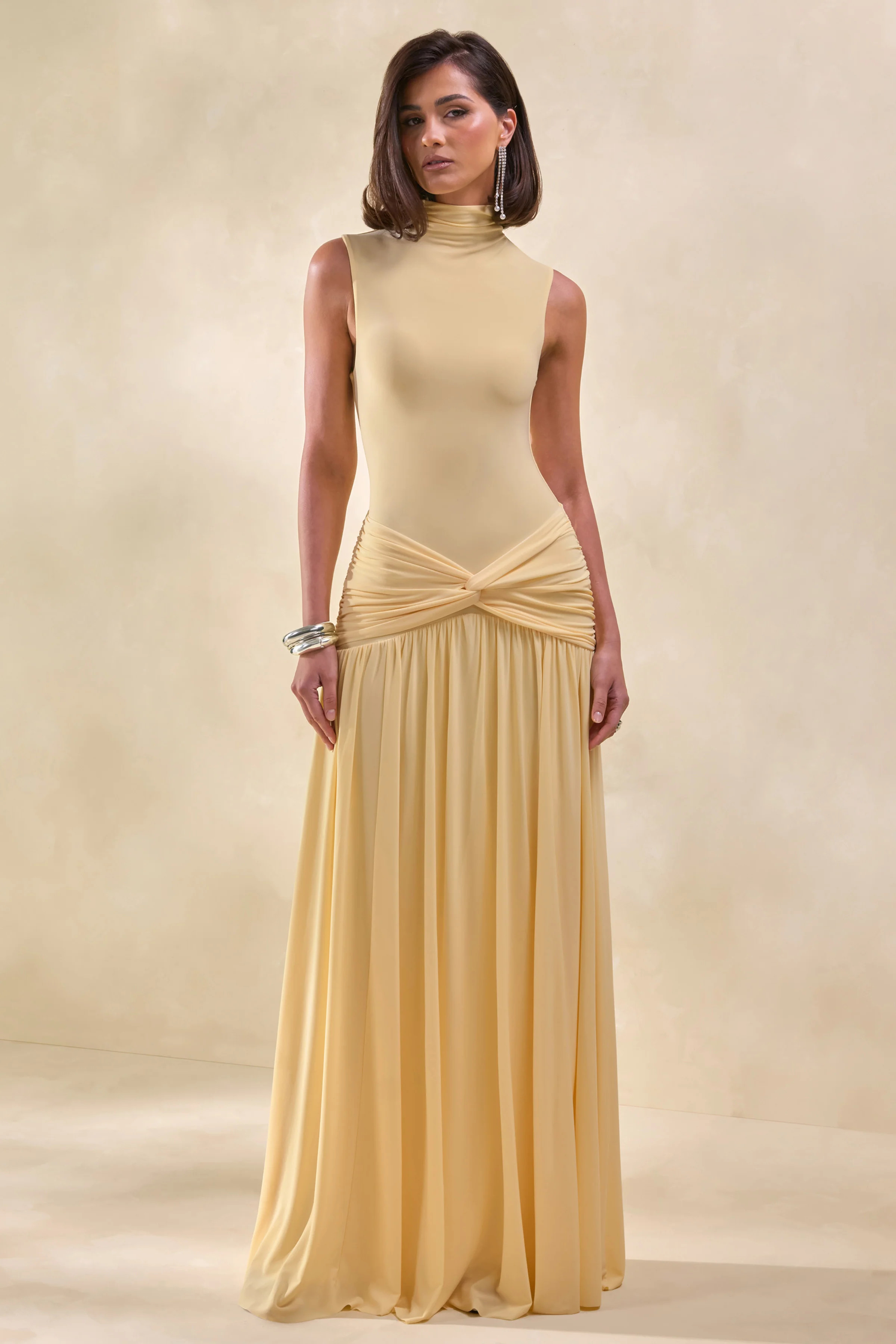 Glimora | Lemon High-Neck Maxi Dress With Ruched-Detailing | Club L London